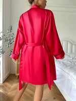 Simple Satin Elegant 3 Pcs Pajama Set For Women Long Sleeve Belted Robe V Neck Cami Top And Shorts Women's Sleepwear