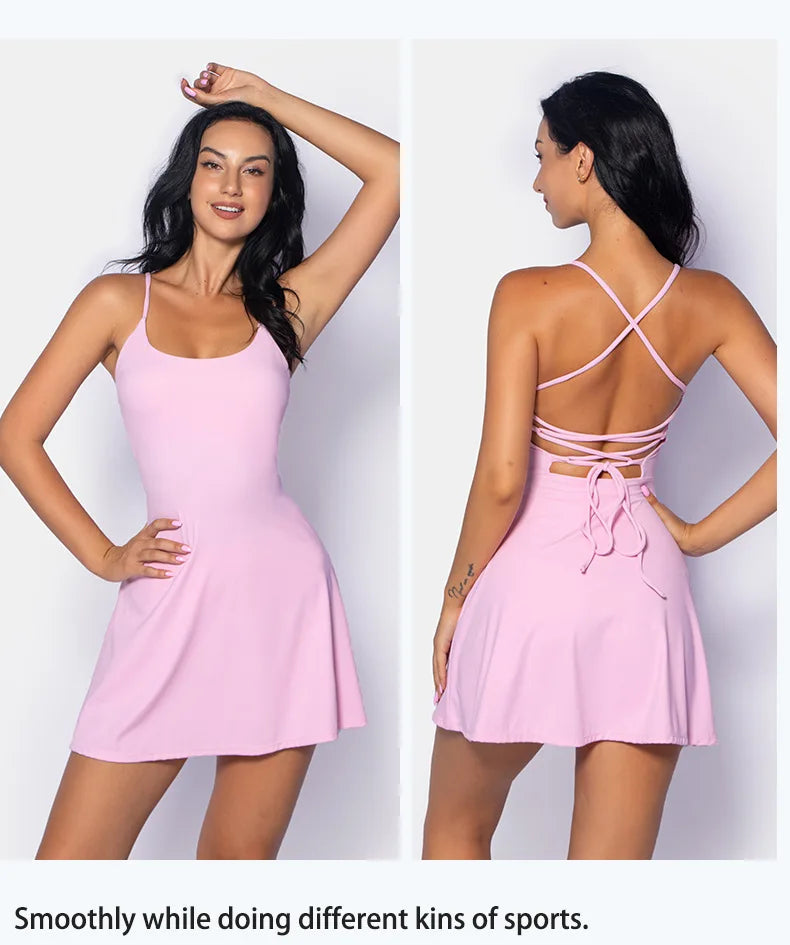 Summer Sleeveless Tennis Dress for Women Pink Hollow Out Backless Lace Up Gym Fitness Golf Badminton Pocket Skirt Suit Sportwear
