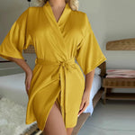 New Silk Kimono Robe Bathrobe Women Silk Bridesmaid Robes Sexy Navy Blue Robes Satin Robe Ladies Dressing Gowns