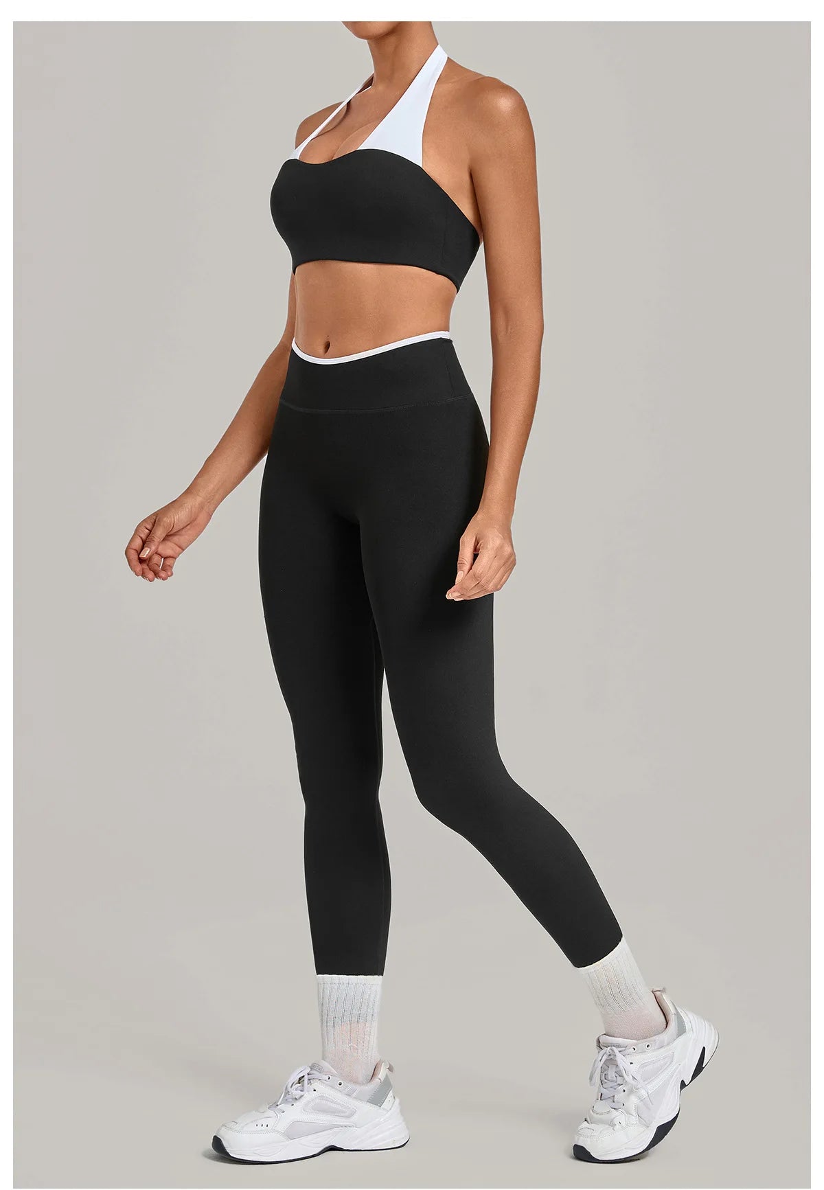 2 Pieces Color-block Yoga Sets WomenHanging Neck Sports Bra High Waist Pants Built-in Pockets Outdoor Fitness Workout Suit