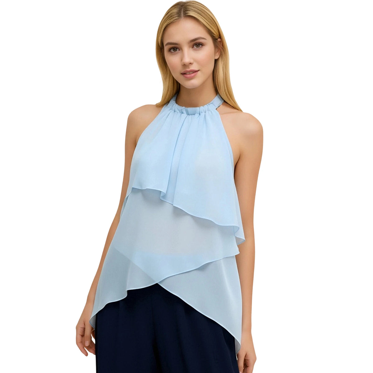 Women Summer Trendy Asymmetrical Layered Backless Shirts Solid Color Chiffon Halter Tops for Streetwear