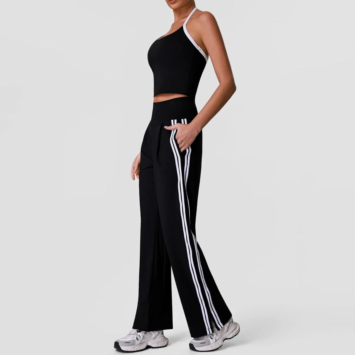 New Contrasting Striped Yoga Sets Women Hanging Neck Slim Sports Vest Gym Outfits High Waist Pocket Pants Running Fitness Suits