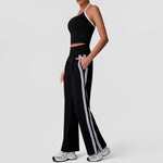 New Contrasting Striped Yoga Sets Women Hanging Neck Slim Sports Vest Gym Outfits High Waist Pocket Pants Running Fitness Suits