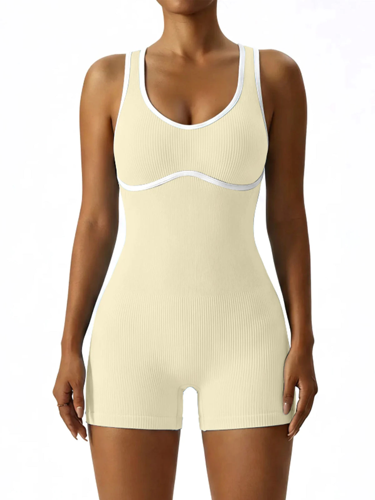 Sleeveless Contrast Trim Backless Yoga Romper Seamless Body Shaping Sport Jumpsuit for Running Training