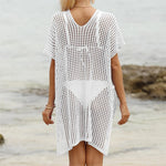 Short Sleeve V Neck Hollow Out Crochet Knitted Tunic Beach Dress Beach Wear Beachwear Beach Cover Up Cover-upsFemale Women V8061