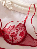 Red French Lace Embroidery Bra Set with Garter Belt Three-Piece Ensemble Sexy Underwear for Women