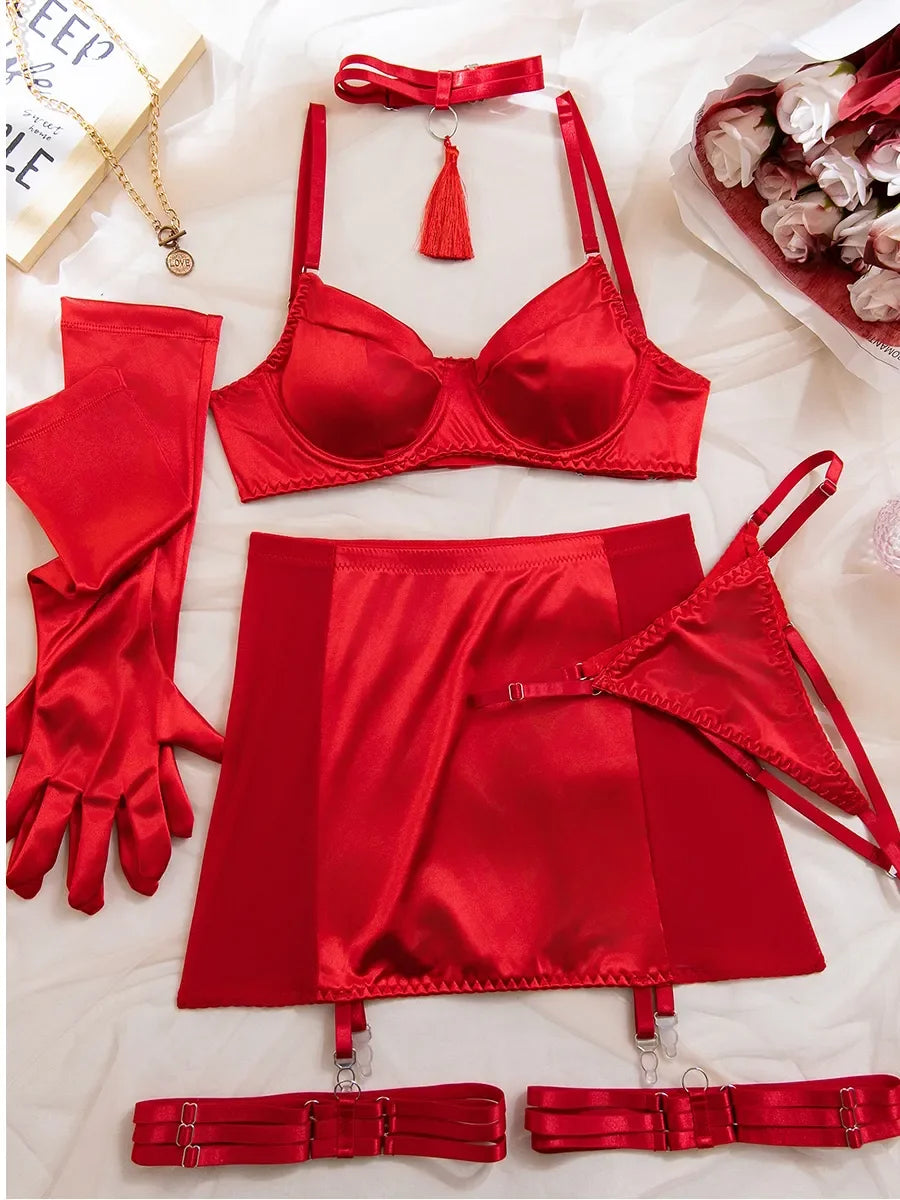 Toucheart Hot Lingerie Women Sexy Tassel Tempting Satin Spliced Mesh ip Skirt with Gloves Split Erotic Lingerie Sexy Underwear