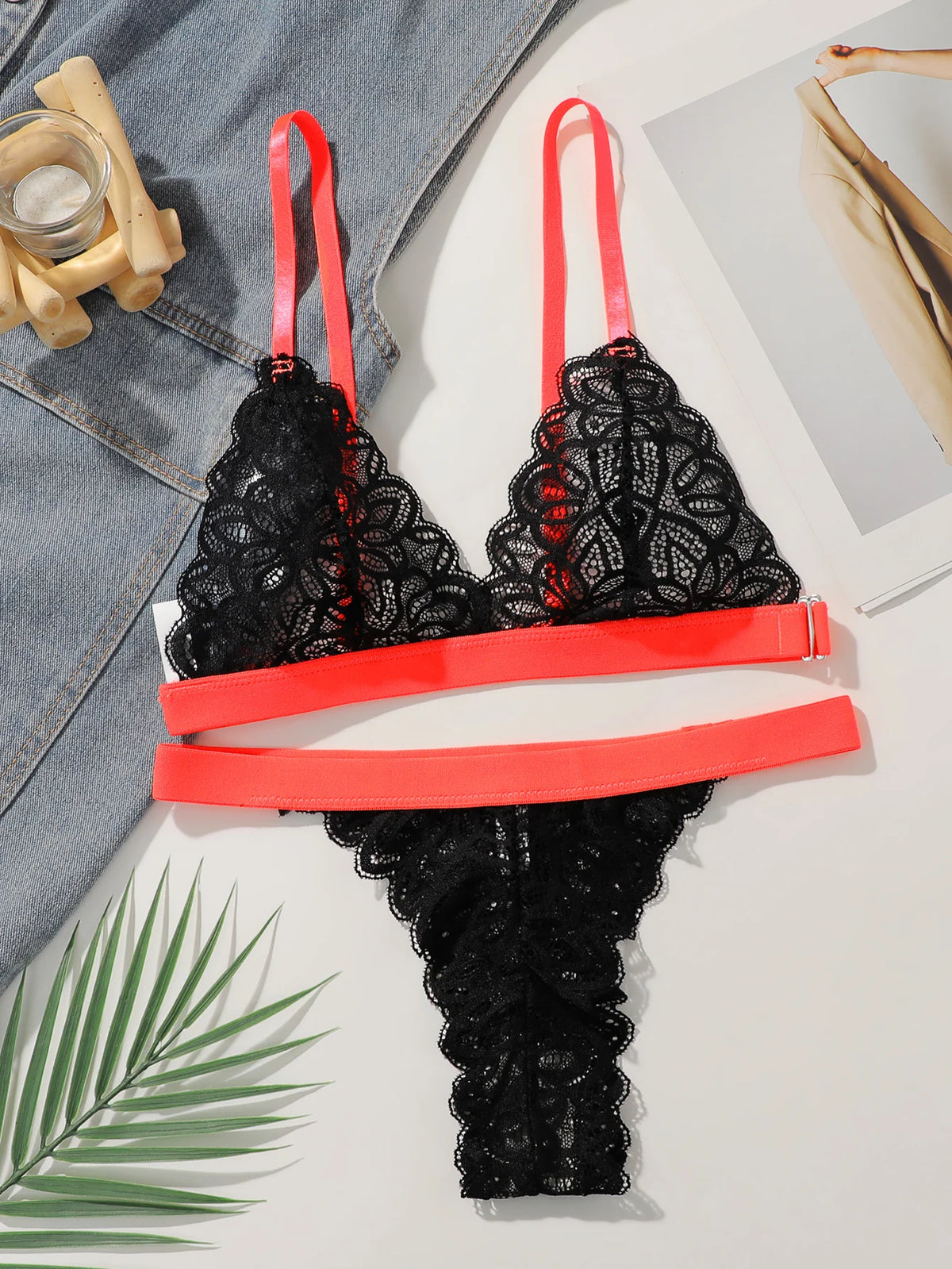 Women Contrast Strap Lace Lingerie Set Deep V Bralette & Thong 2 Pieces Sexy See Through Floral Lace Intimate Underwear C3075