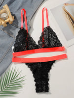 Women Contrast Strap Lace Lingerie Set Deep V Bralette & Thong 2 Pieces Sexy See Through Floral Lace Intimate Underwear C3075