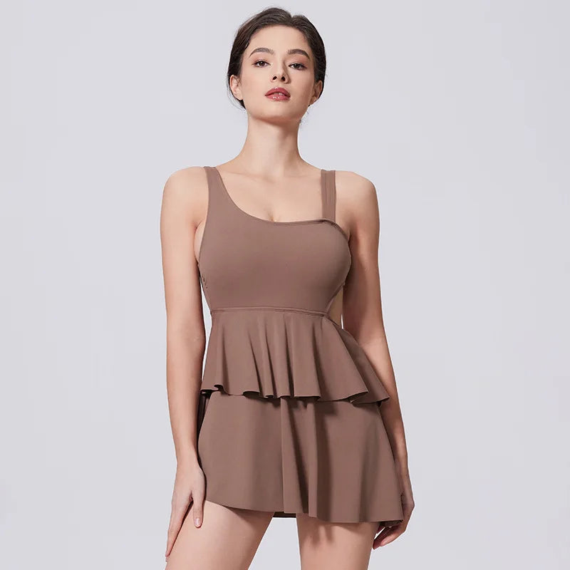 Naked Women's Tennis Dresses Sleeveless Short Cake Skirt Hollow Out Backless Gym Running Trainning Slim One Piece Sports Suit