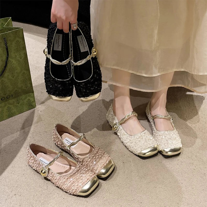 Elegant Solid Color Bling Mary Janes Shoes Women Spring Autumn Buckle Strap Party Flats Woman Shallow Square Top Shoes Lady