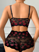Sexy Lip Print Women's Underwear Set Hollow-Out Lace Unlined Bra Sexy Lingerie Set Thin Cup Wireless Sexy Bras and Sheer Panties