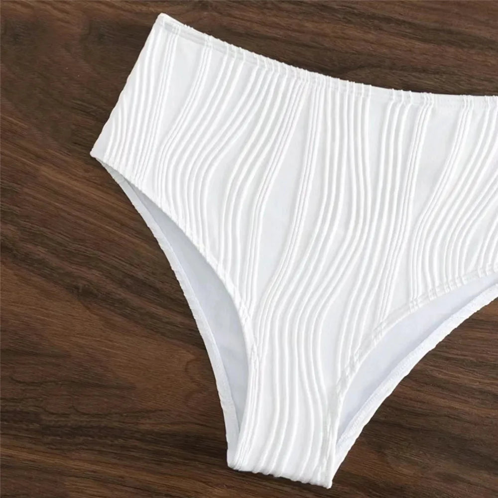 Sexy White High Waisted Bikini Set Women Ribbed Swimwear Push Up Swimsuit Halter Backless Crop Top Back Hollow Out Bathing Suit