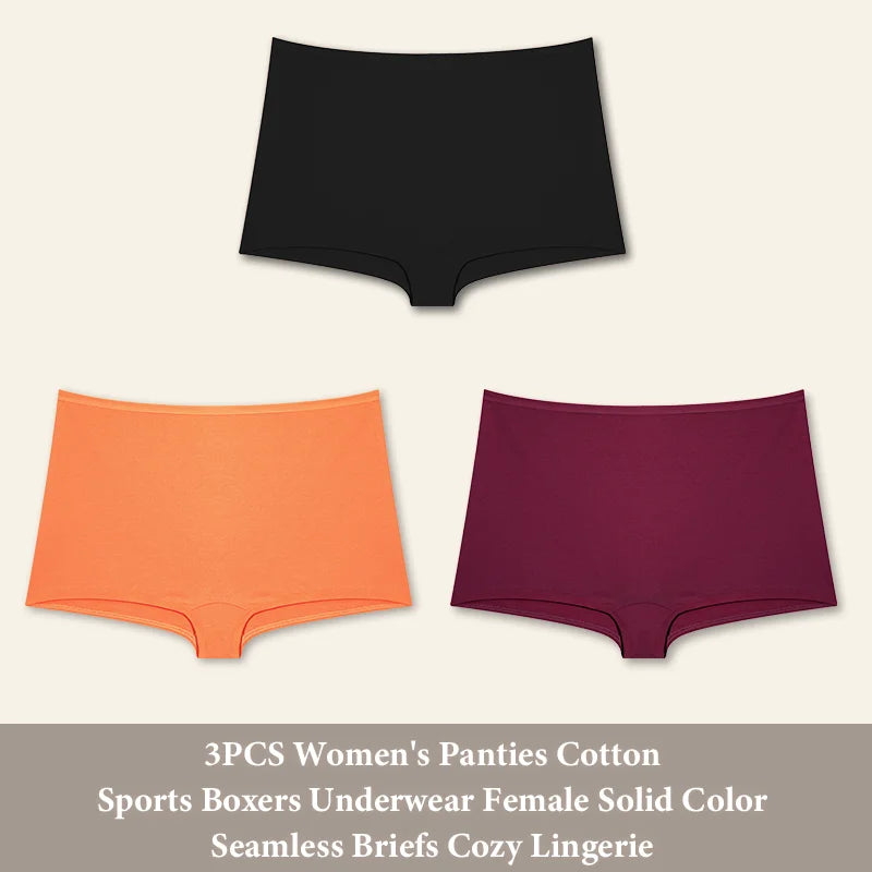 3PCS Women'sCotton Seamless Panties Sports Boxers Underwear Female Solid Color Briefs Cozy Lingerie Intimate Underpants XS-XL