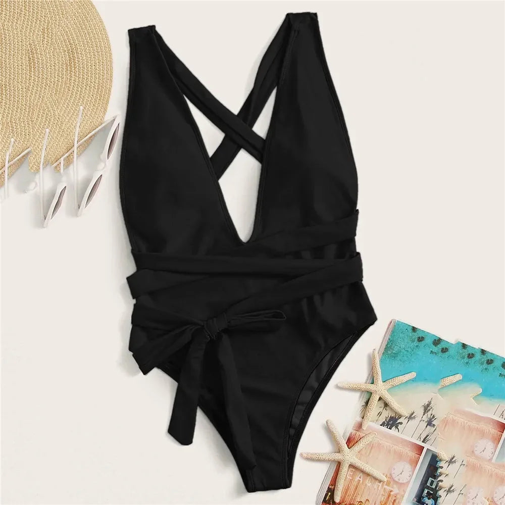 Sexy Red Cross Bandage Backless Swimwear One Piece Swimsuits Woman 2026 Knotted Straps Swimming Bathings Suit V Neck Bodysuits