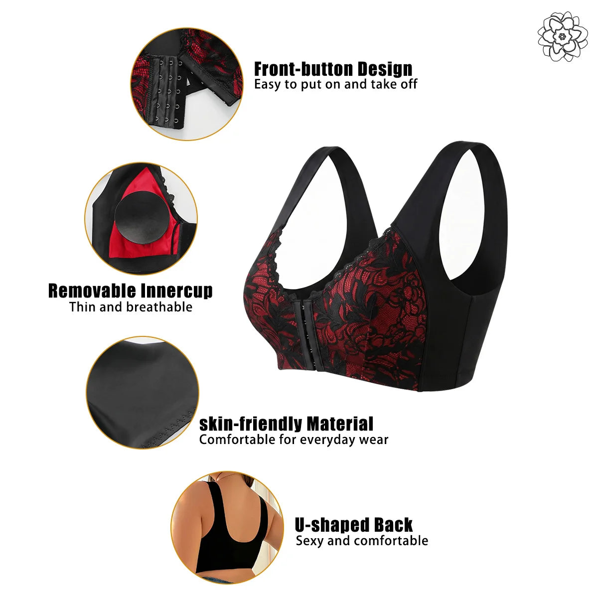 Front button Plus Size Bra Black Lace Brassiere sexy Lingerie Women Large Size Underwear Easy to put on and take off B2422