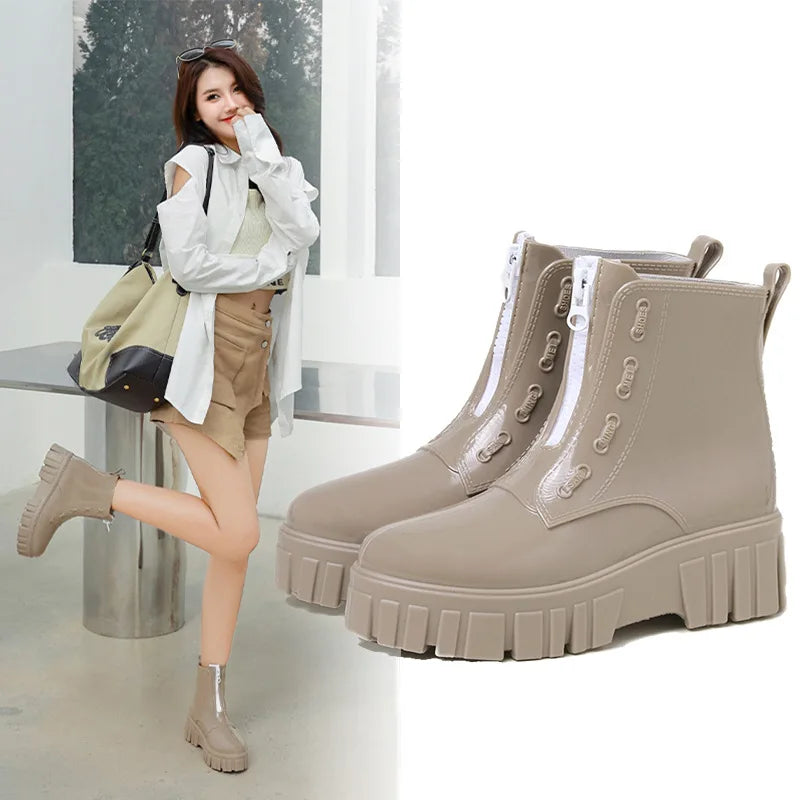 Women Thick Soled Rain Boots Non-Slip Fashion Outdoor Wear-resistant Rubber Waterproof Shoes Women Jelly Soft Soled Rain Boots