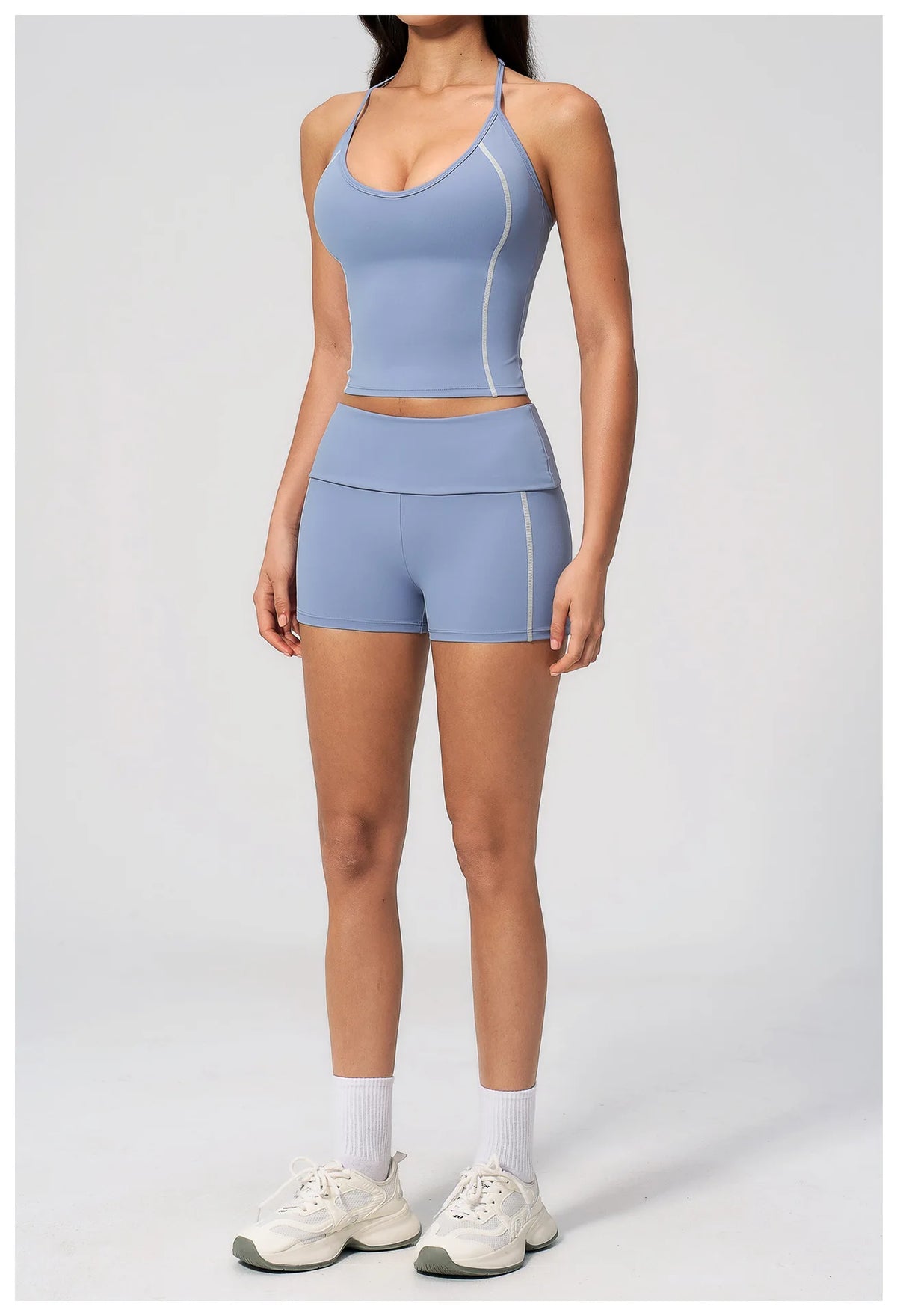 2PCS Women Yoga Sets Color Contrast Hanging Neck V Neck Slimming Sports Tank Top Flip High Waist Shorts Gym Running Fitness Suit