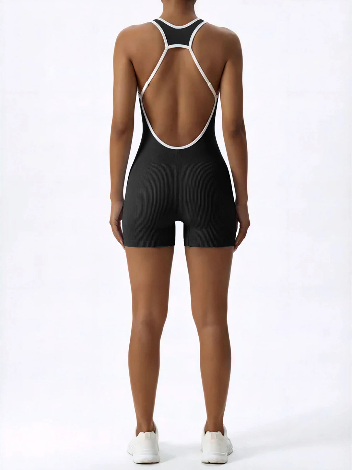 Sleeveless Contrast Trim Backless Yoga Romper Seamless Body Shaping Sport Jumpsuit for Running Training