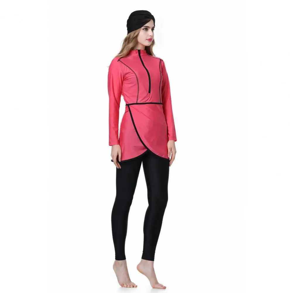 3Pcs/Set Women Split Swimsuit Front Skirt Secure Zipper Closure UV Protection Tops Long Swimming Trousers Set With Headscarf