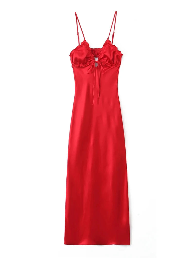Foridol Ruffles Tie Up Satin Dress Women Elegant Maxi Long Summer Party Dress Spaghetti Strap Red Sexy Sundress Vestidos 2025