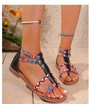 Bohemian Style Mixed Color Flat Sandals For Women 2026 Summer Pinch Narrow Band Zip Cover Heel Roman