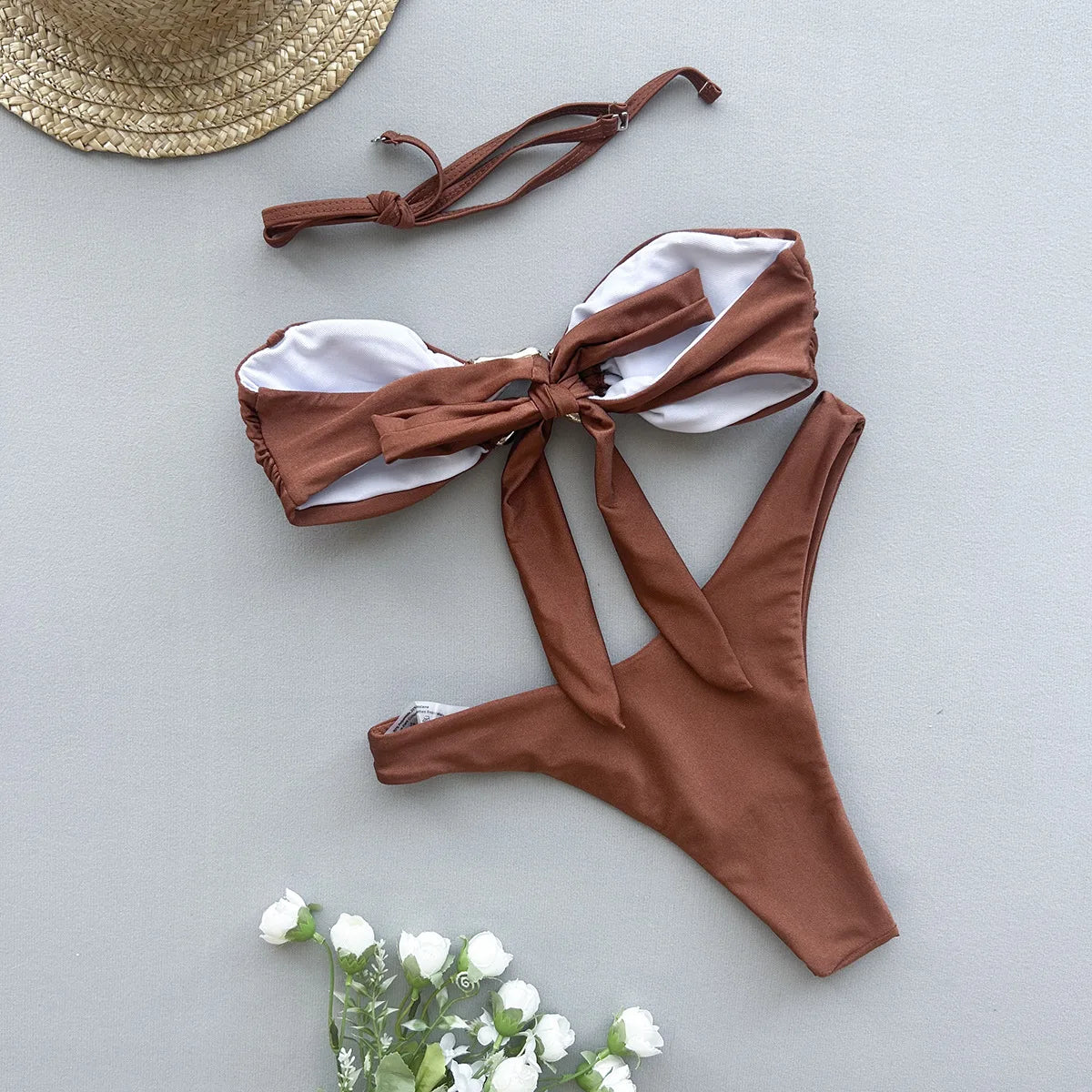 DEKA Bandeau Bikini Summer Beach Classic Strapless Swimsuit Women Sexy Tie Side Shiny Metal Hardware Ring Bandeau Bikni Beach
