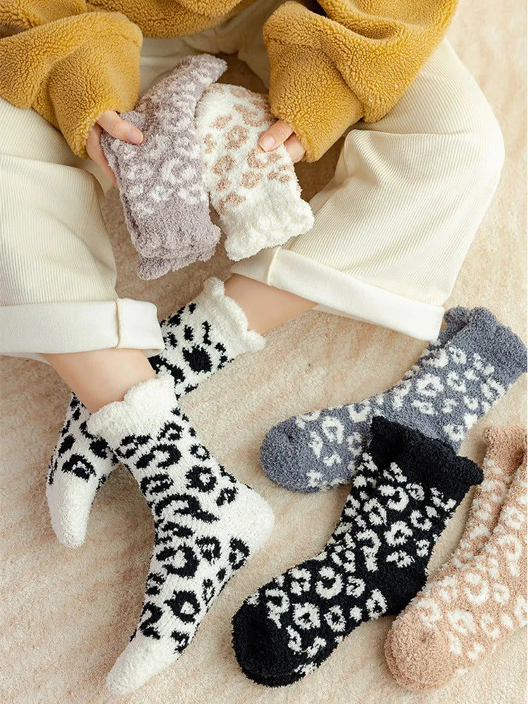 Fashion Coral Fleece Thick Socks Women Foot Cute Leopard Sock Funny Girls Breathable Warm Casual Socks Winter