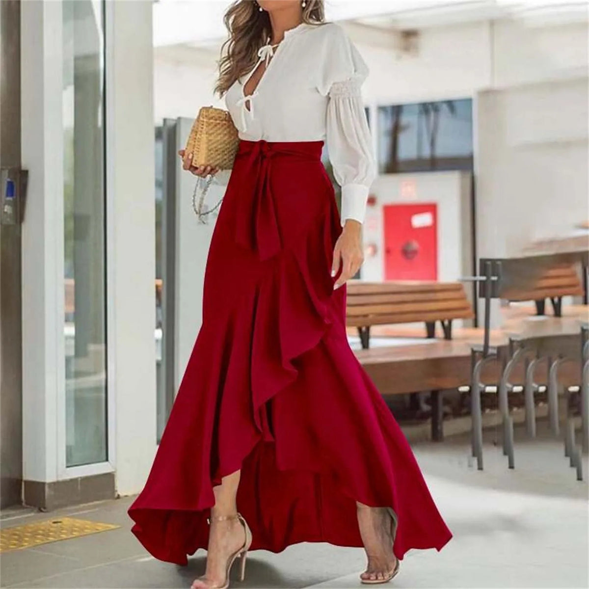 Irregular Ruffle Hem Sexy Skirt For Women Elegant Summer Wrapped Hip Fishtail Skirt High Waistband Solid Color Flowy Skirt