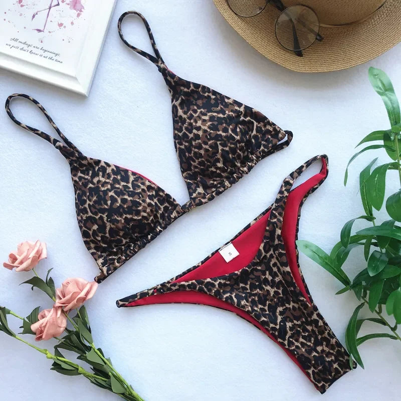 2024 Micro Leopard Bikini Women High CutBandage Push Up Swimsuit Sexy Bathing Suit Padded Thong Swimwear,summer Beach Vacation