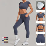 Women's Seamless Yoga Sets Sports Running High Waist Hip-lifting Pants Backless Short-sleeve Suits Workout Fitness Leggings Sets