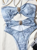 DEKA Women Hellow Denim Swimwear Printed Halter Cut Out One Piece Swimsuit Female High Cut Leg Padded Bather Bathing Suit Swim