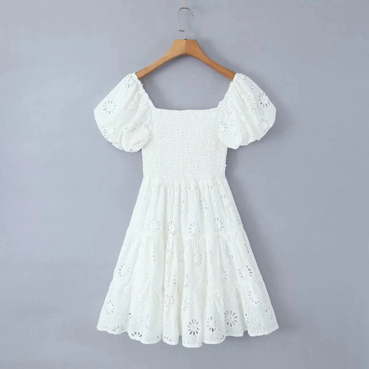 Puff Sleeve Cotton White Lace Dress Women Summer 2025 Square Collar Vintage Beach Short Dress Petite Flower EmbrioderyDress
