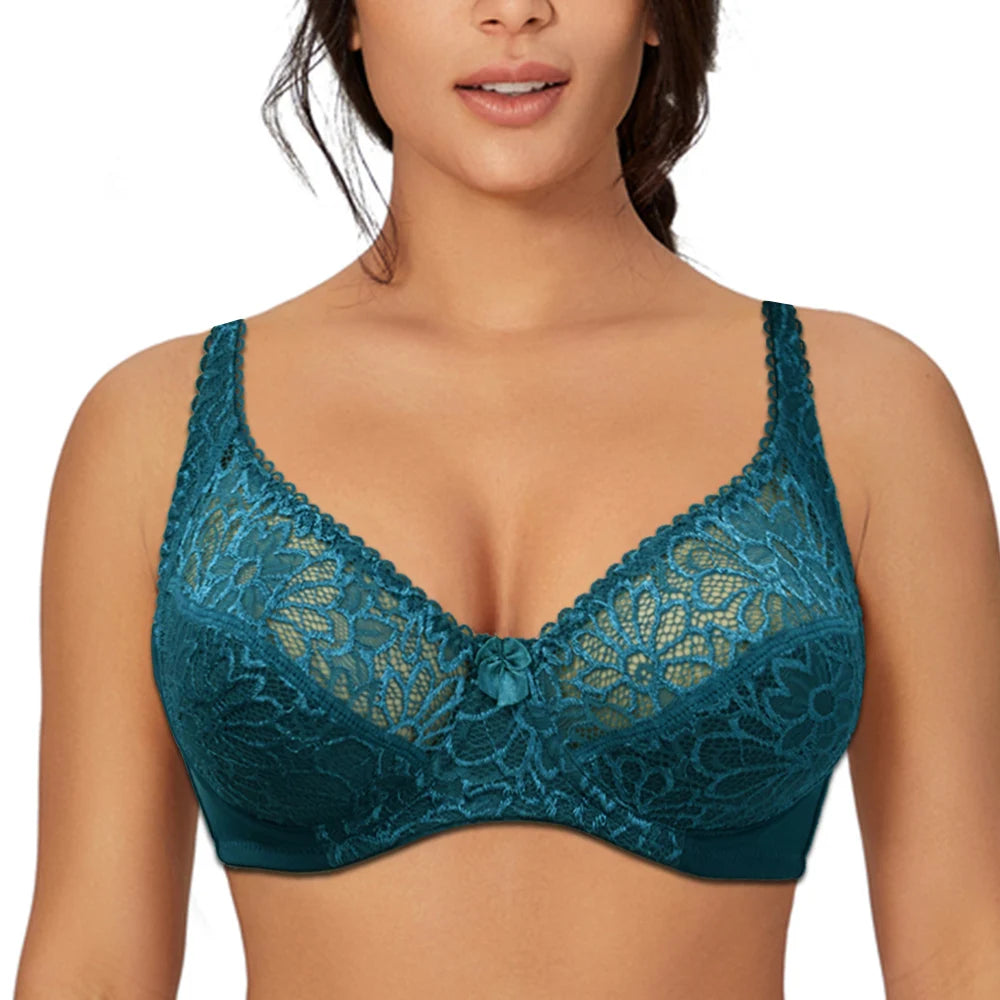 Plus Size Women Lace Bras Perspective Breathable Lager Bosom Bralette Underwired Embroidery Silky Touch BH Top B C D DD E F Cup