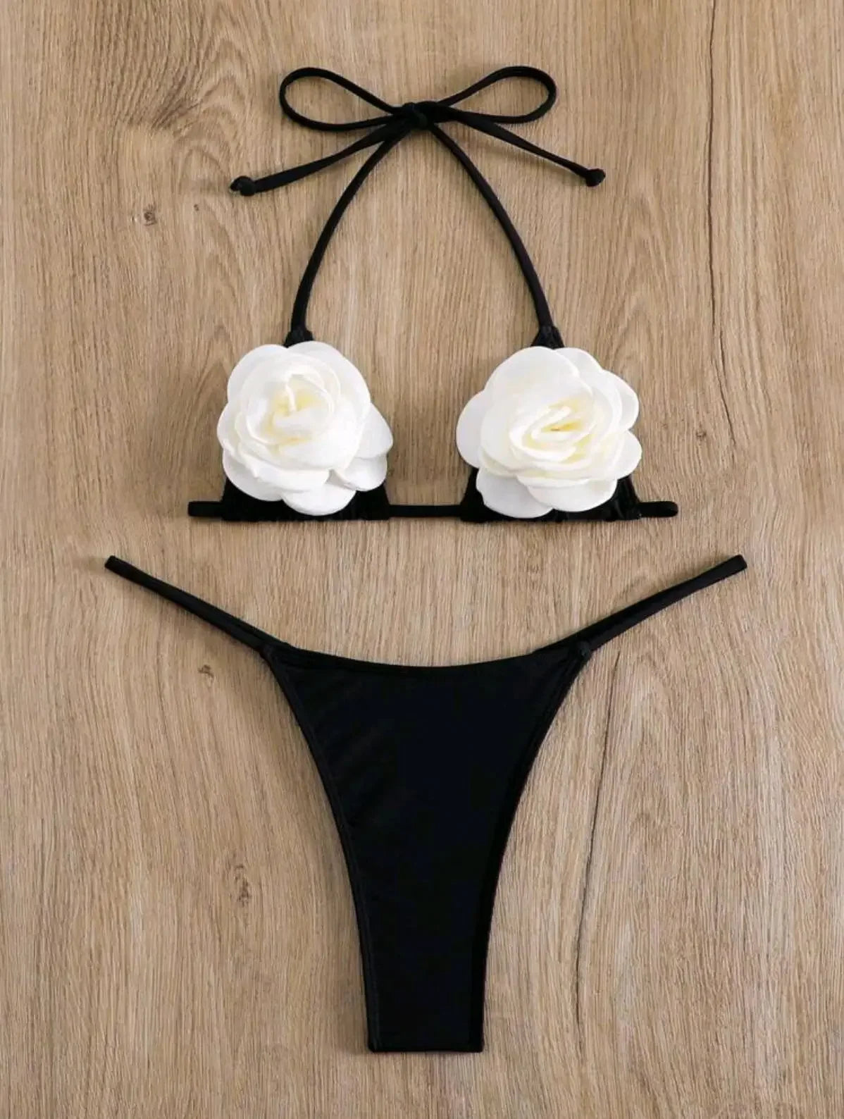 Sexy 3D Rose Flaral Bikinis Sets Women Halter Black Push Up Bra Micro Swimsuit 2025 Brazilian Beach Bathing Suit Thong Swimwear