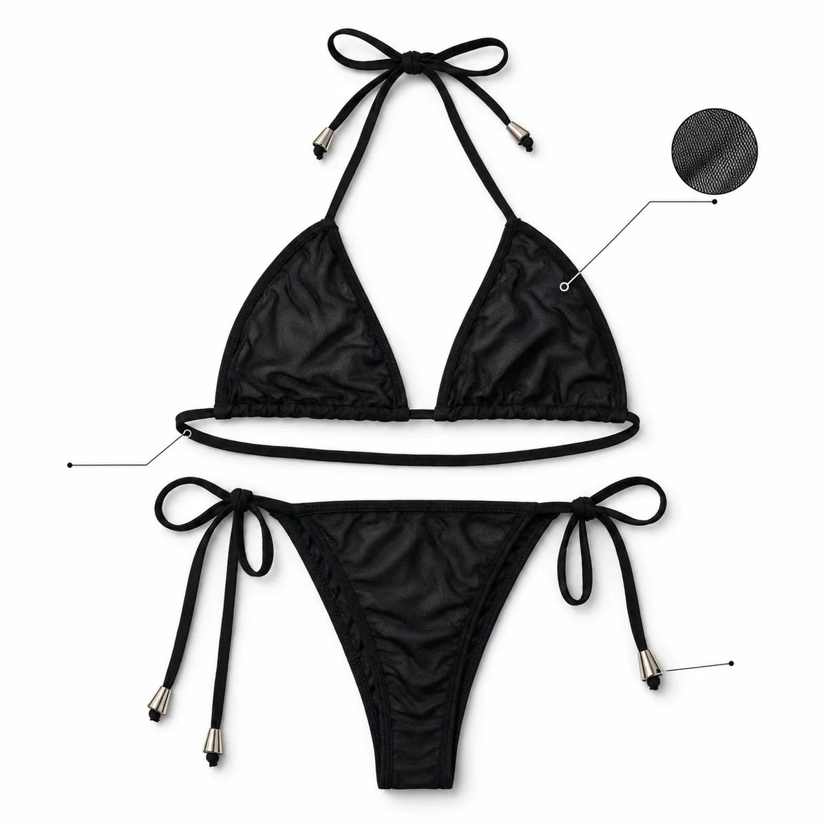 Women Bikini Set 2pcs Black Halter Triangle Swimsuit, Tie Side V Shape Bottom, Solid Color Beach Vacation Swimwear
