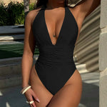 DEKA Metal Ring Deep V Neck Swimwear Tie Dye Cut Out One Piece Swimsuit Women Female Monokini High Leg Cut Bather Bathing Suit