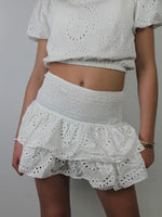 Shirred Mini Skirt A-Line Pointelle High Waist Layered Ruffle Skirt for Women 2024 Summer Solid Color Sweet Skirts
