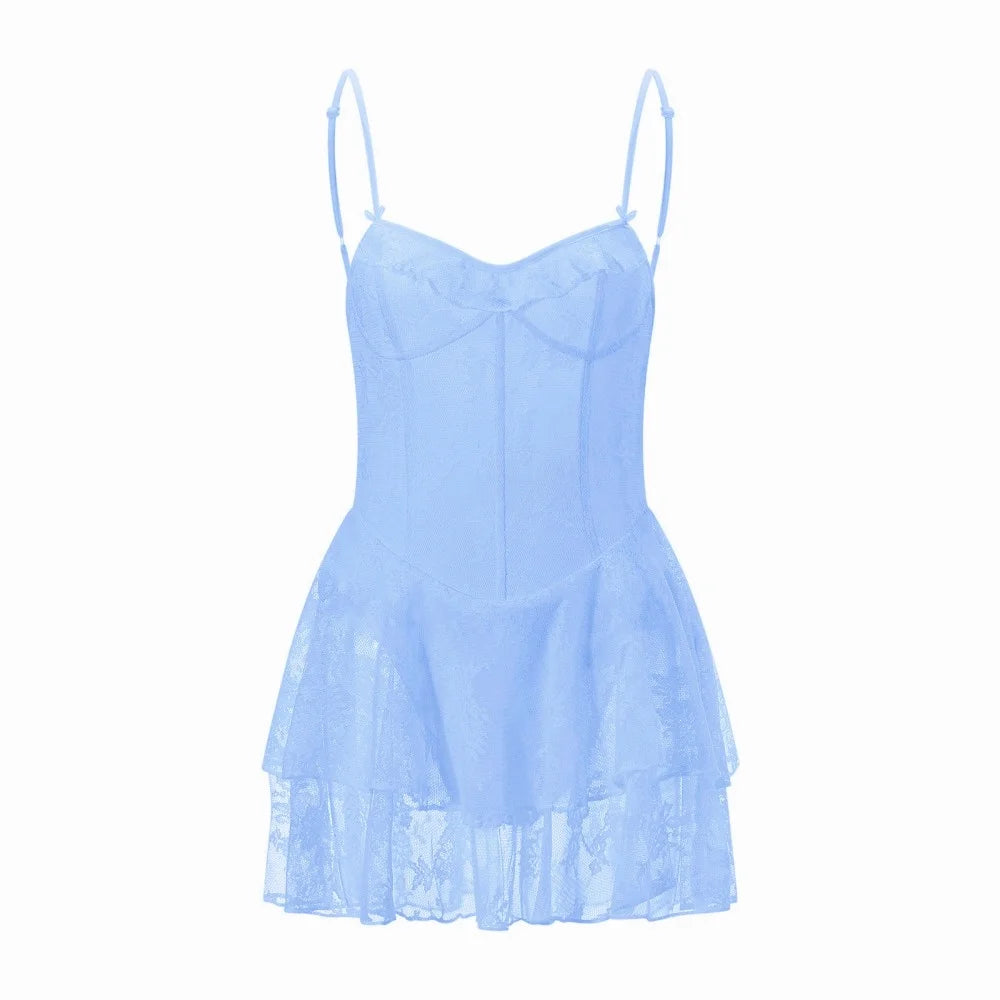 Women Summer Mini Dress Spaghetti Strap Frill Corset Backless Bandage Lace Tiered Ruffle Dress Club Party Sexy Dresses