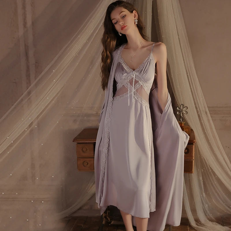Robe Set Side Slit Sexy Pajamas for Women Lingеrie Long Night Dress Woman Lencerias Nightgowns Nuisette Sexy De Nuit Sleepwear