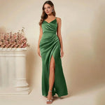 Women's Spaghetti Strap Satin Slit Dress Ruched V Neck Sleeveless Prom Dress Mermaid Bridesmaid Dress for Formal Evening Gown