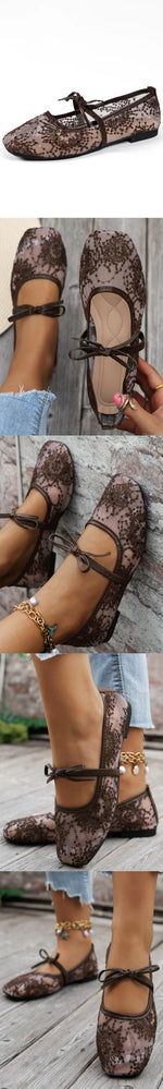 BigSize 43 Breathable White Lace Mary Jane Flats Women Comfy Walk Square Toe Casual Office Lady Ballet Flats Shoes Daily Wear