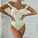Sexy 3D Flower Lace Bodysuit Women Yellow Ruffles Off Shoulder Sleeveless Underwire Slim Fit Fishbone Sheer Corset Jumpsuit