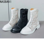 Women White Gladiator Ankle Boots Round Toe Square HeelBreathable Mesh Large Size 34-45 Sweet Princess Cool Sandals Boots New