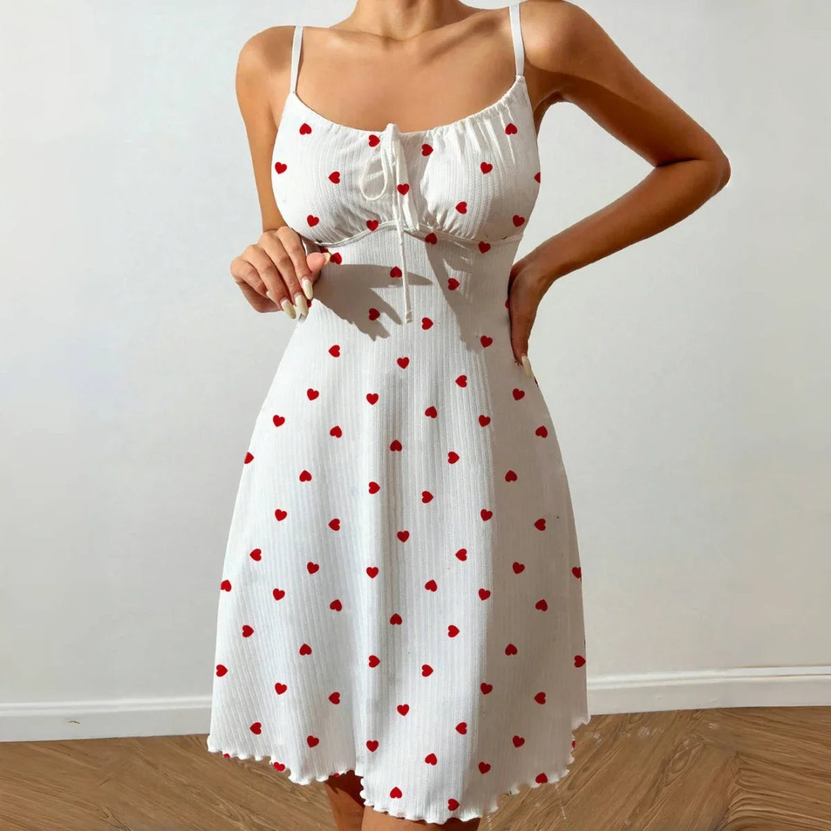 Women’s Heart Print Nightdress Sexy Spaghetti Strap Pajama Dress Sleeveless Lace-Up Cute Slim Fit Sleepwear