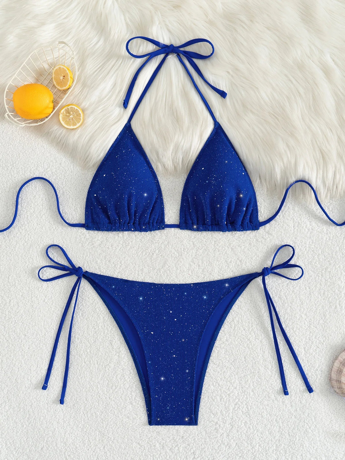 DEKA Triangular Shiny Bikini Set Sparkling Halter Strappy High Cut Bikini Female Thong Swimsuit Women Swimwear Bathing Suit