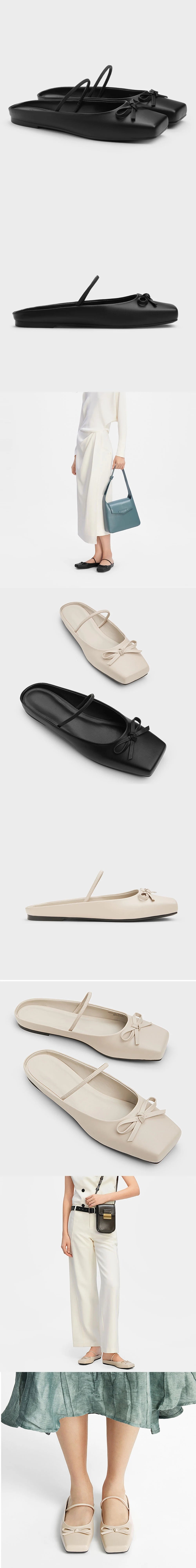 2025 Summer Elegant Black Square Toe Ballet Flats Shoes Women Butterfly Knot Slip On Comfy Walking Mules Shoes Outdoor Slides