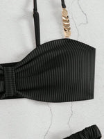 Front Knotted Metal Strap Ribbed Bikini Women Swimwear Female Swimsuit Two Pieces Bikini Set High Cut Bathing Suit Swim Beach
