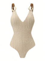 Vintage Beige Ribbed Swimwear Skirt Set Women Metal Buckle Strap V Neck Hollow Out Backless Bathing Suit One Piece Swimsuit 2026