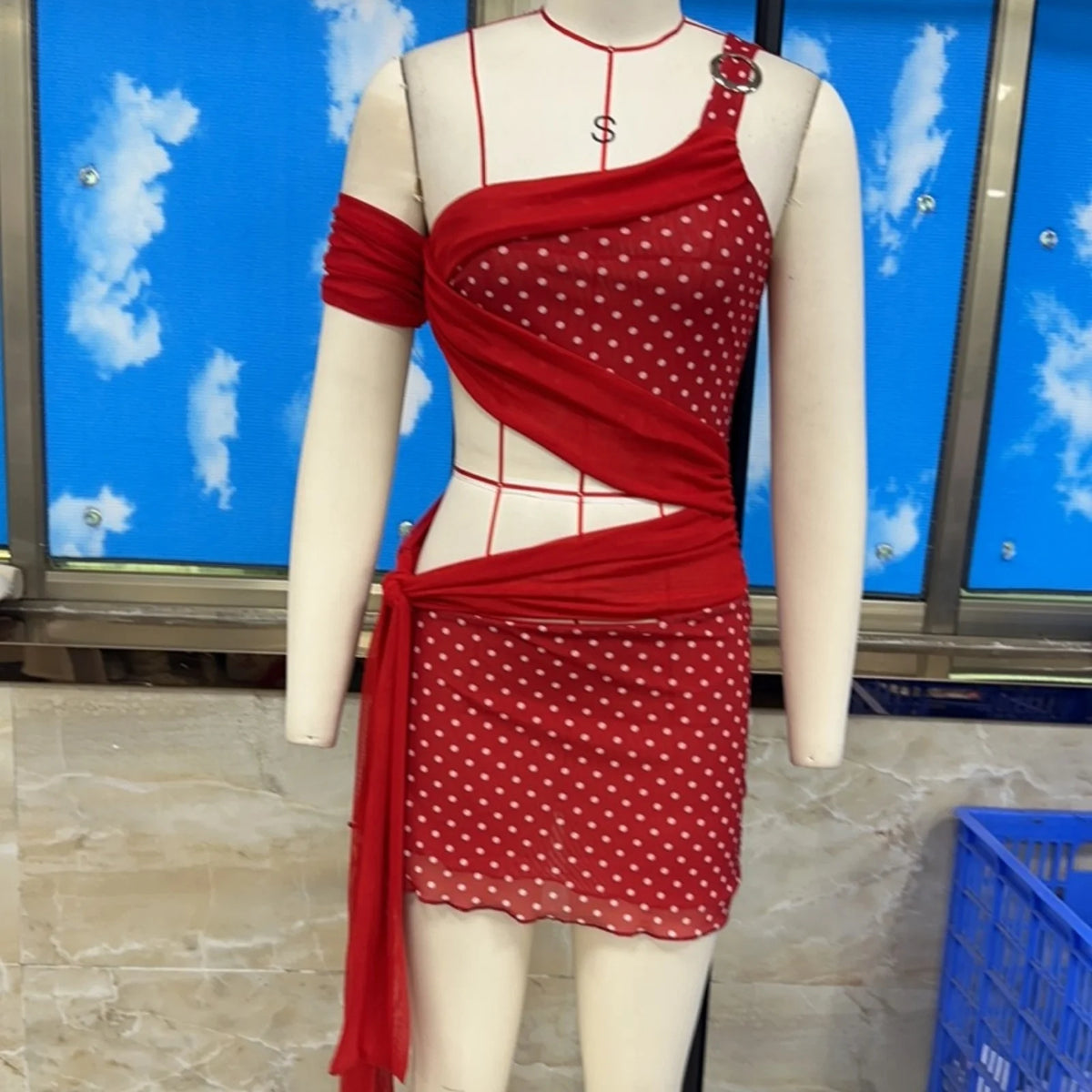 Women's Sexy One Shoulder Red Polka Dot Mini Dress Sheer Mesh Cutout Tie Waist Party Club Dresses
